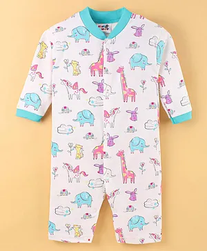 Kidi Wav Full Sleeves All Over Baby Animals & Unicorn With Cloud Printed Romper - White