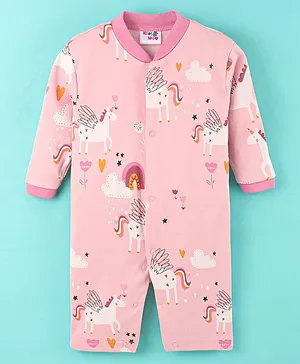 Kidi Wav Full Sleeves All Over Unicorns & Flower Printed Romper - Pink