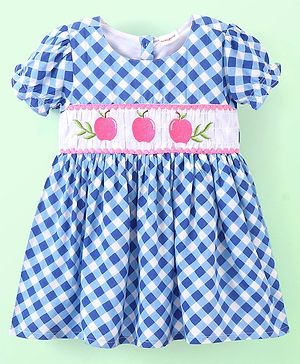 Babyhug Rayon Woven Half Sleeves Checked Frock With Embroidery Detailing- Blue