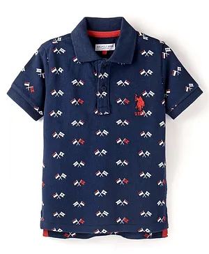 US Polo Assn Cotton Half Sleeves Flags Printed T-Shirt - Navy Blue