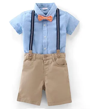 Babyhug 100% Cotton Woven Half Sleeves Solid Color Shirt & Shorts Set with Suspender & Bow - Blue & Beige