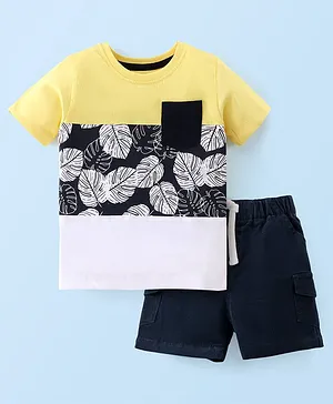 Babyhug 100% Cotton Knit Half Sleeves T-Shirt & Shorts Leaf Print - Yellow White & Navy Blue