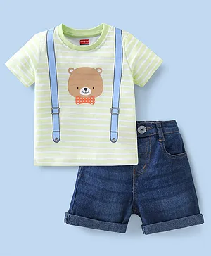 Babyhug Cotton Knit Half Sleeves Striped T-Shirt & Denim Shorts Suspender & Bear Print - Light Green & Blue
