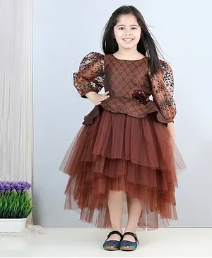 Toy Balloon Three Fourth Puffed Embellished Sleeves Damask Style Motif Printed Peplum Style Bodices  High Low Party Dress - Brown