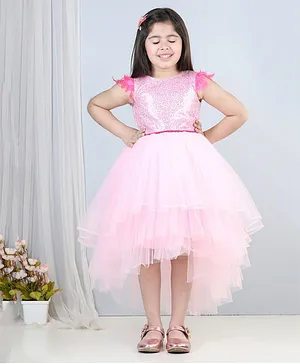 Toy Balloon Cap Sleeves Shimmer & Sequins Embellished & Embroidered Bodices High Low Tulle Party Dress - Baby Pink