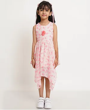 Creative Kids Sleeveless Flamingo Printed & Floral Appliqued Poncho Style Dress - Pink