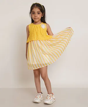 Creative Kids Sleeveless Floral Lace Bodice Embroidered & Candy Striped Dress - Yellow