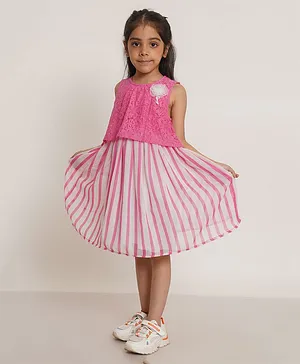 Creative Kids Sleeveless Floral Lace Bodice Embroidered & Candy Striped Dress - Pink