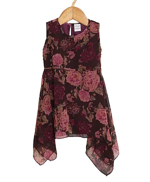 Creative Kids Sleeveless All Over Forest Night Floral Printed Fit & Flare High Low Dress - Maroon