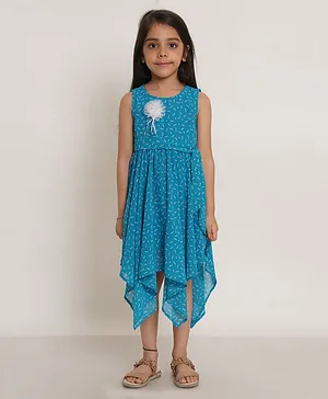 Creative Kids Sleeveless Abstract Geometric Printed High & Low Poncho Dress - Blue & White