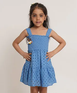 Creative Kids Sleeveless Smocked Bodice Schiffli Embroidered A Line Dress - Blue