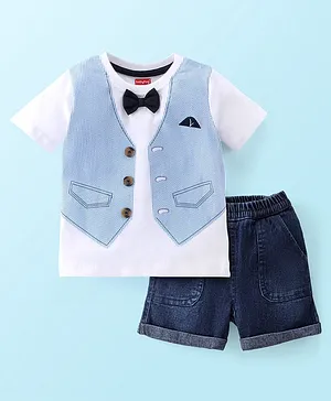 Babyhug Cotton Knit Half Sleeves T-Shirt & Shorts Waistcoat Print - White & Blue