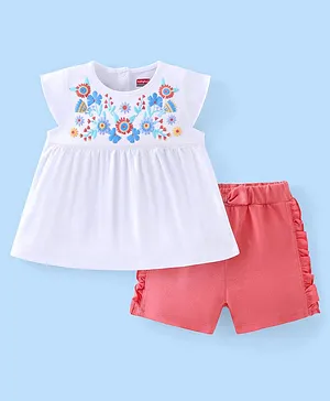 Babyhug 100% Jersey Cotton Knit Cap Sleeves Floral Embroidery Top & Shorts Set with Bow Applique - White & Peach