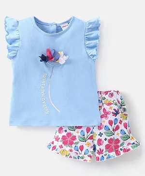Babyhug 100% Cotton Knit Half Sleeves Top and Shorts Set Floral Print - Lilac & White