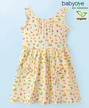 Babyoye Eco-Conscious Cotton Woven Sleeveless Frock with Self Belt Tie Up Floral Print - Cream