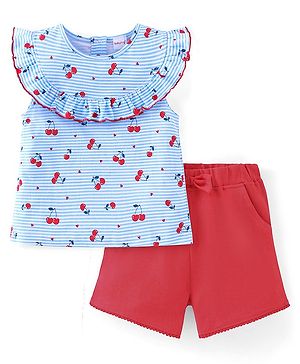 Babyhug 100% Cotton Knit Sleeveless Striped Top & Shorts Set with Bow Applique Cherry Print - Blue & Red