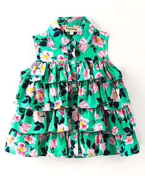 Hugsntugs Sleeveless Garden Floral Printed Layered Ruffled  Top - Green & Pink