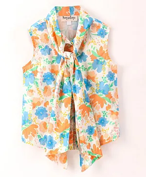 Hugsntugs Sleeveless Garden Floral Printed Front Tie Up Top  - Off White Blue & Orange