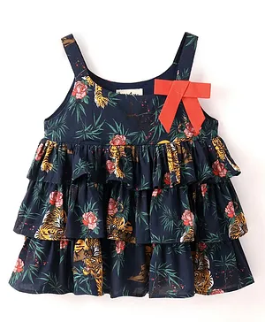 Hugsntugs Sleeveless Forest Floral Printed Bow Appliqued Ruffled Layered Top - Navy Blue