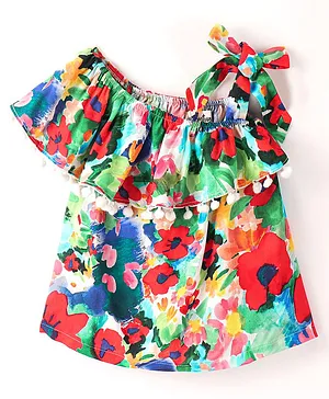 Hugsntugs One Shoulder Half Sleeves Abstract Floral Printed Top  - Multi Colour