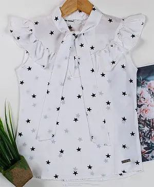 Nins Moda Cap Sleeves Frilled Star Printed Top - White