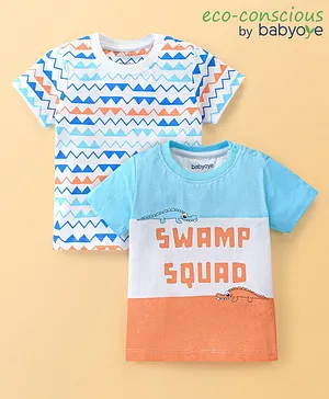 Babyoye 100% Cotton Knit Half Sleeves T-Shirts Croc & Geometric Print - Blue White & Orange