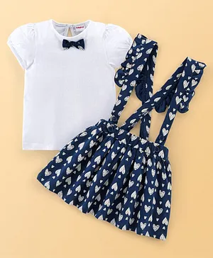 Babyhug 100% Cotton Knit Half Sleeves Top & Skirt Set with Suspenders & Bow Applique Heart Print - White & Navy