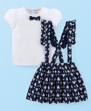 Babyhug 100% Cotton Knit Half Sleeves Top & Skirt Set with Suspenders & Bow Applique Heart Print - White & Navy