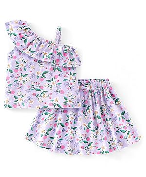 Babyhug 100% Cotton Sleeveless One Shoulder Frill Top & Skirt Floral Print - Lilac