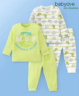 Babyoye 100% Cotton Full Sleeves Night Suit Sports Print Pack of 2 - Green & White