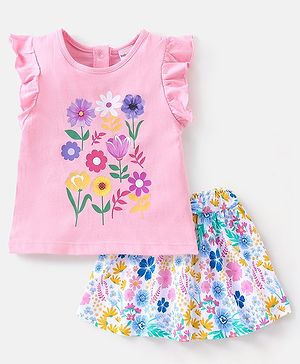 Babyhug 100% Cotton Knit Sleeveless Top and Skirt Set Floral Print - Blue & White