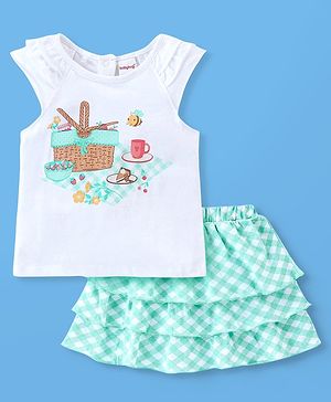 Babyhug 100% Cotton Knit Cap Sleeves Top & Layered Skirt Set Picnic Basket Print- White & Turquoise