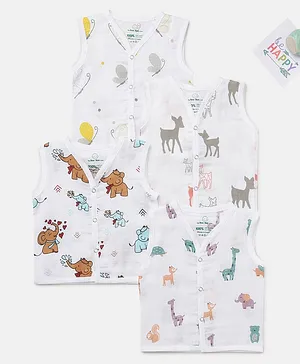 The Boo Boo Club Extra Soft Organic Cotton Muslin Pack Of 4 Sleeveless Animal Printed Jhablas - White Yellow