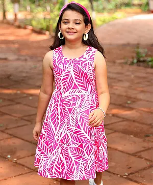 Hola Bonita Cotton Knit Sleeveless Tier Frock With Leaves Print - Pink