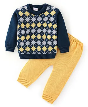 Babyhug Full Sleeves Sweater Set Diamond Design - Navy Blue & Yellow