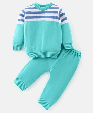 Babyhug Full Sleeves Sweater Set Stripes Design- Blue