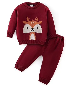 Babyhug Full Sleeves Sweater Set Deer Design- Maroon