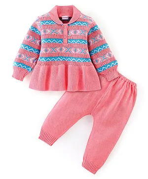 Babyhug Full Sleeves Sweater Set Cable Knit Design- Pink