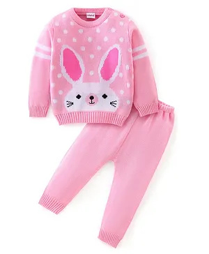 Babyhug Full Sleeves Sweater Set Bunny Design- Pink