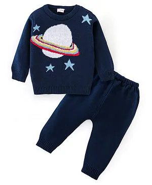 Babyhug Full Sleeves Sweater Set Planet Design- Navy Blue