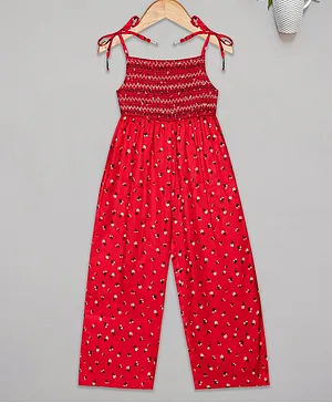 Budding Bees Sleeveless Abstract Zig Zag Pattern Design Smocked Bodice & Floral Printed Jumpsuit -Red