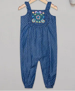 Budding Bees Sleeveless All Over Polka Dot Printed & Flower Embroidered Yoke Ruffled Romper - Blue