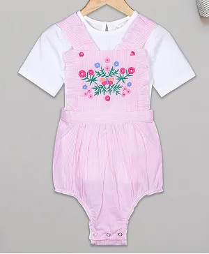 Budding Bees Half Sleeves Solid Tee With Flower Embroidered & Railroad Striped Romper - Pink