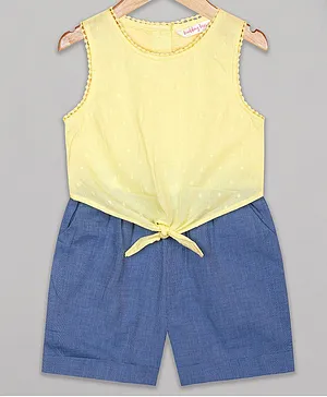 Budding Bees Sleeveless Tiny Pom Pom Border Detail  Front Tie Up Detail Jumpsuit - Yellow