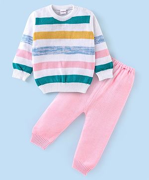 Babyhug Full Sleeves Sweater Set Stripes Design- White & Pink