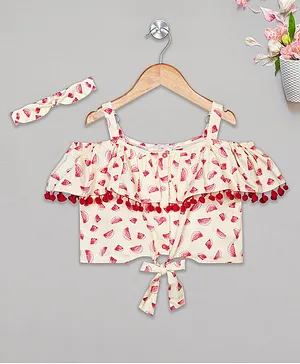Budding Bees Cold Shoulder Short Sleeves Watermelon Printed Tassel Detailed Top With Headband - Light Yellow