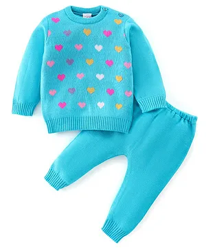 Babyhug Full Sleeves Sweater Set Hearts Design- Blue