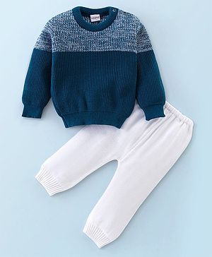 Babyhug Knit Full Sleeves Sweater Set Solid - Navy Blue