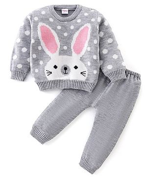 Babyhug Full Sleeves Sweater Set Bunny Design- Grey