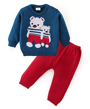 Babyhug Knitted Full Sleeves Sweater Set Teddy Design- Red & Navy Blue